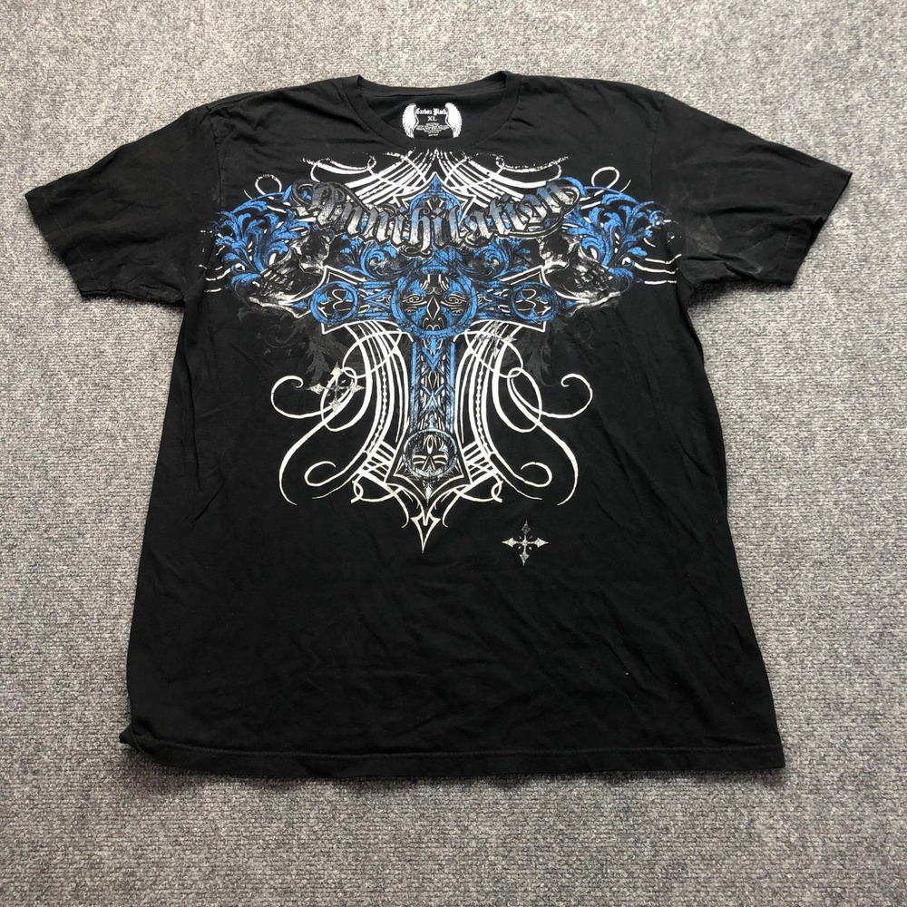 Y2K Carbon Black Annihilation Mens XL Black Graphic T-Shirt Skull Cross Gothic